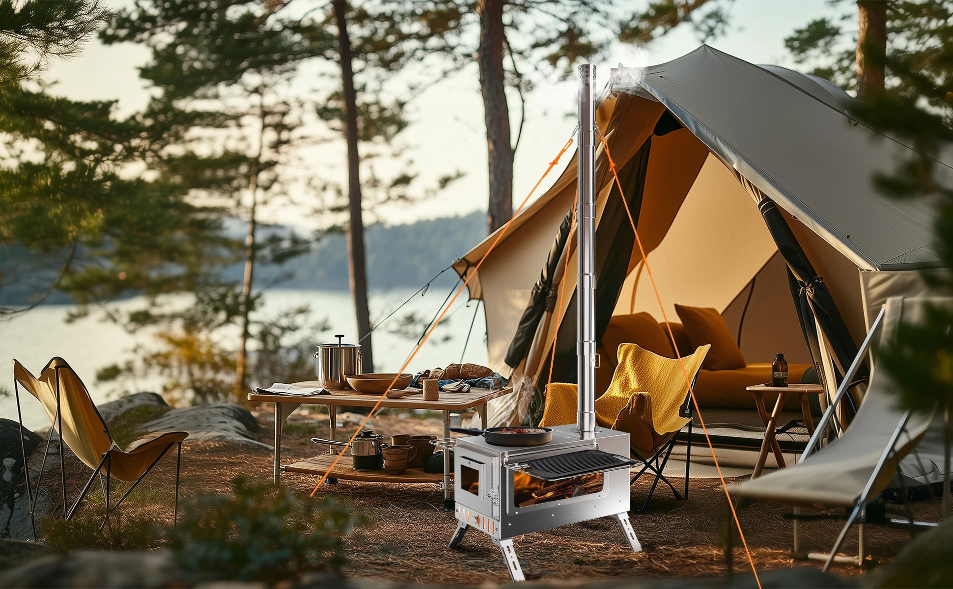 Hot Tent Stove, Wood Burning Stove, Portable Wood Stove with 6 Stainless Steel Chimney Pipes for Outdoor Heating and Cooking