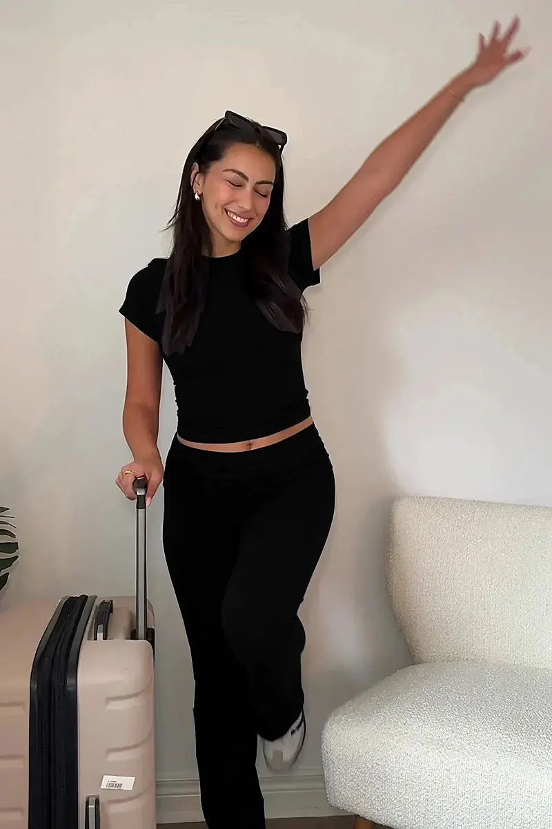 Women’s 2 Piece Lounge Set Fold Over Flare Pants and Cropped Top Slim Fit Casual Pajama Outfit