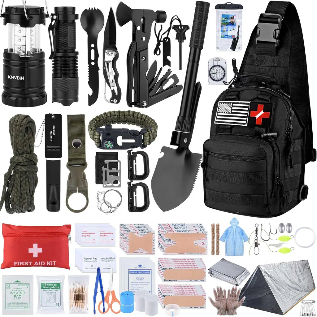 250 Piece Survival Kit with First Aid Tactical Gear Emergency Tent and Crossbody Bag for Outdoor Adventure and Gifts