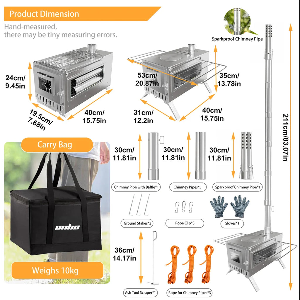 Hot Tent Stove, Wood Burning Stove, Portable Wood Stove with 6 Stainless Steel Chimney Pipes for Outdoor Heating and Cooking