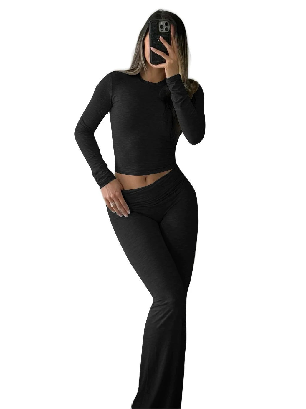 Autumn New Round Neck Short Fit Long Sleeve T Shirt Mildly Spicy Pants Casual Sports Yoga Two Piece Set Women’s Fashion