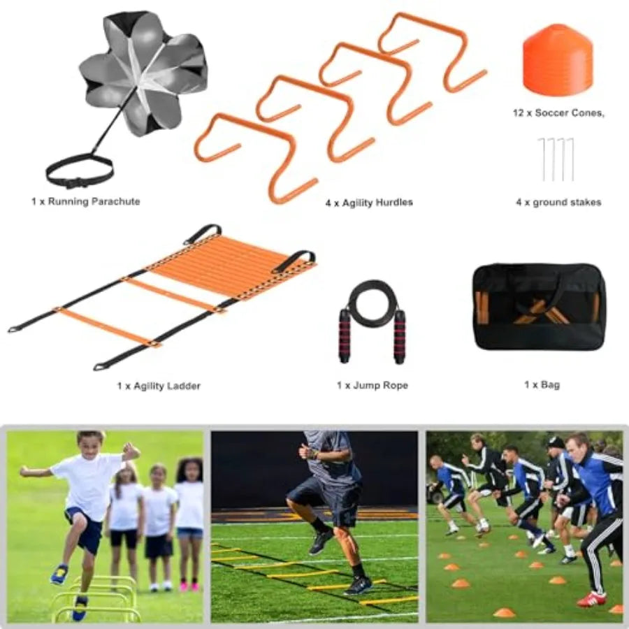 Agility Ladder Set 20ft with 4 Hurdles 12 Cones Jump Rope and Running Parachute Complete Speed and Agility Training Kit