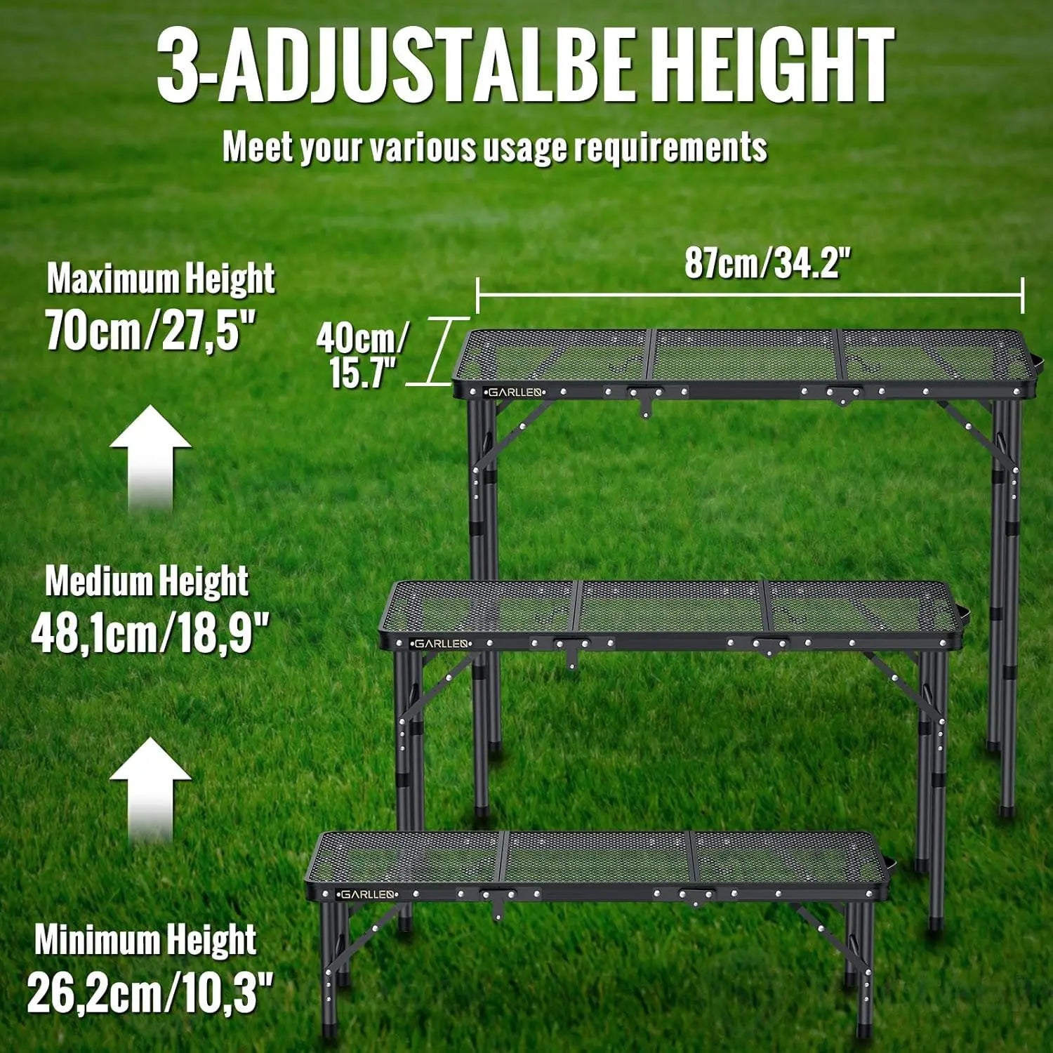 Folding Grill Table Max Capacity 66lbs 3 Adjustable Height Portable Folding Camping Table with Heat