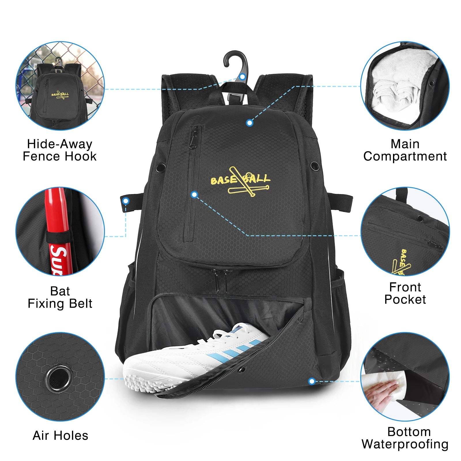 Baseball Bag Softball Bag Waterproof Backpack Shoulder Sport Bag for Youth Boys Girls Adults with Fence Hook Ball Bat Batting Glove Gear
