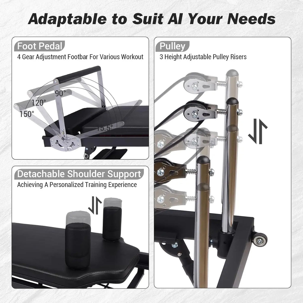 Foldable Reformer Pilates Machine – Adjustable Reformer Heights, Piano‑Wire Spring System & Jump Board for Home Pilates Training
