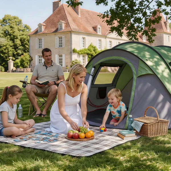 4 Person Pop Up Camping Tent Instant Setup Waterproof Family Tent with Front Awning Automatic Throw Pop Up Tent 280x200x120cm Green Outdoor Hiking Beach Backpacking Tent 3 to 4 People