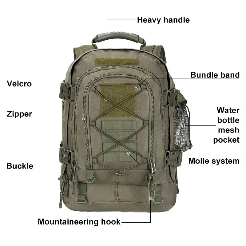 60L Men’s Tactical Travel Backpack, Expandable Hiking and Camping Pack, Army‑Style MOLLE 3‑Day Assault Rucksack