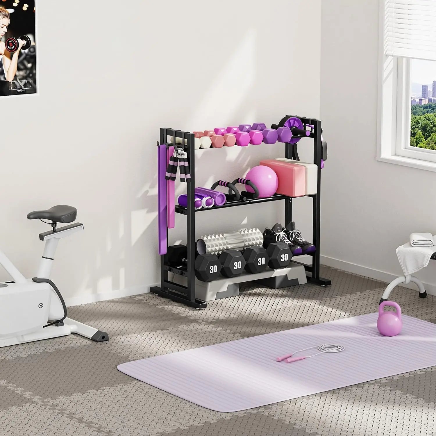 3 Tier Adjustable Dumbbell Rack with Hooks, Extended Base Home Gym Storage, Holds 450lb, Space Saving Organizer