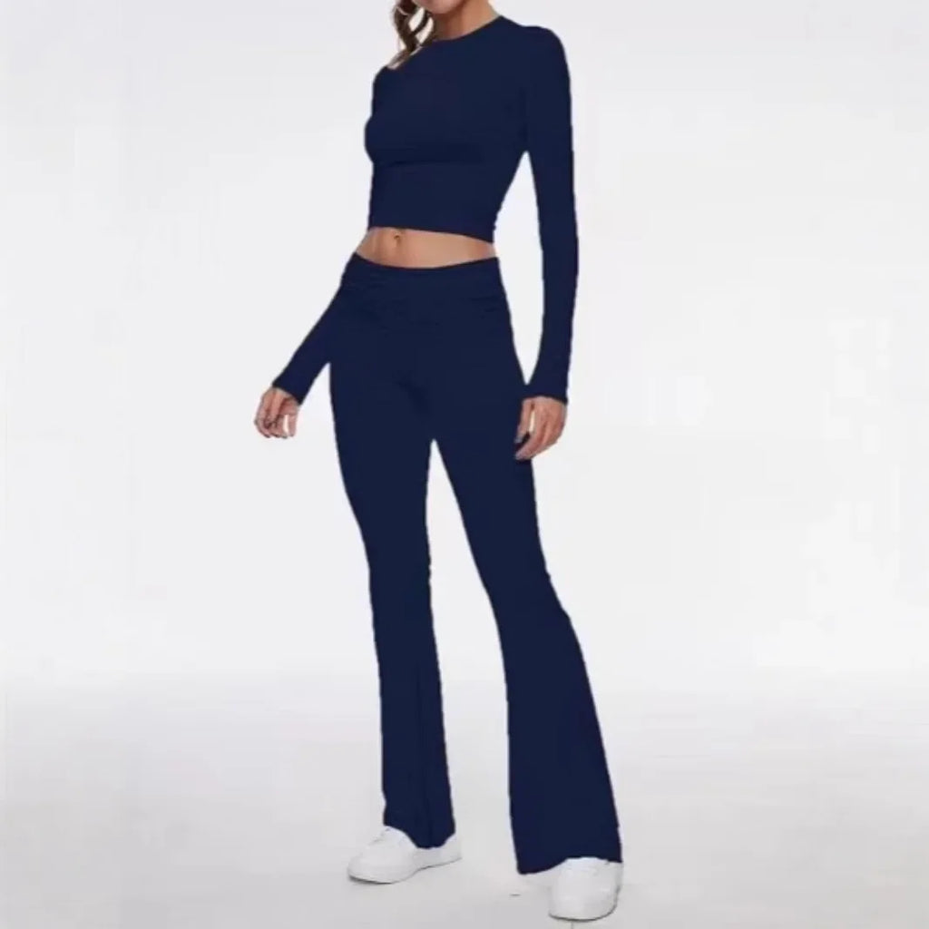 Women’s Long Sleeve Top and Flared Pants Set Fashionable Stylish Polyester Fiber