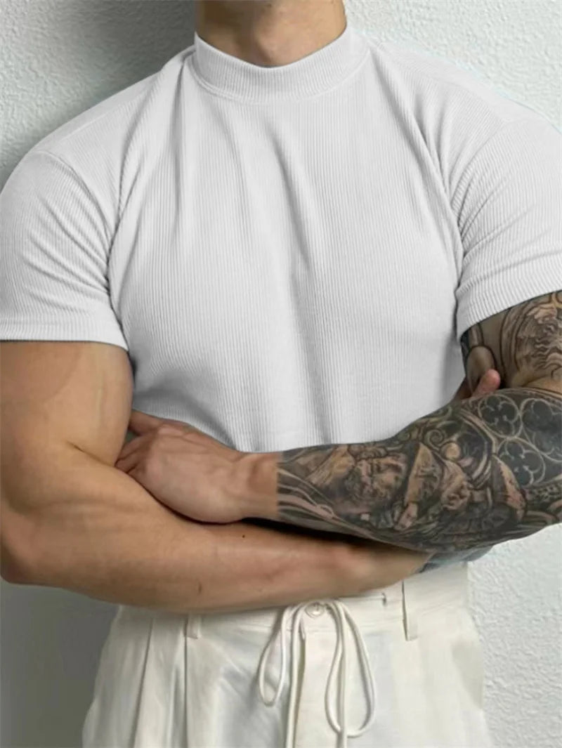 Mens Small High Collar Stripe T Shirt Short Sleeve Fitness Top Casual Sport T Shirt