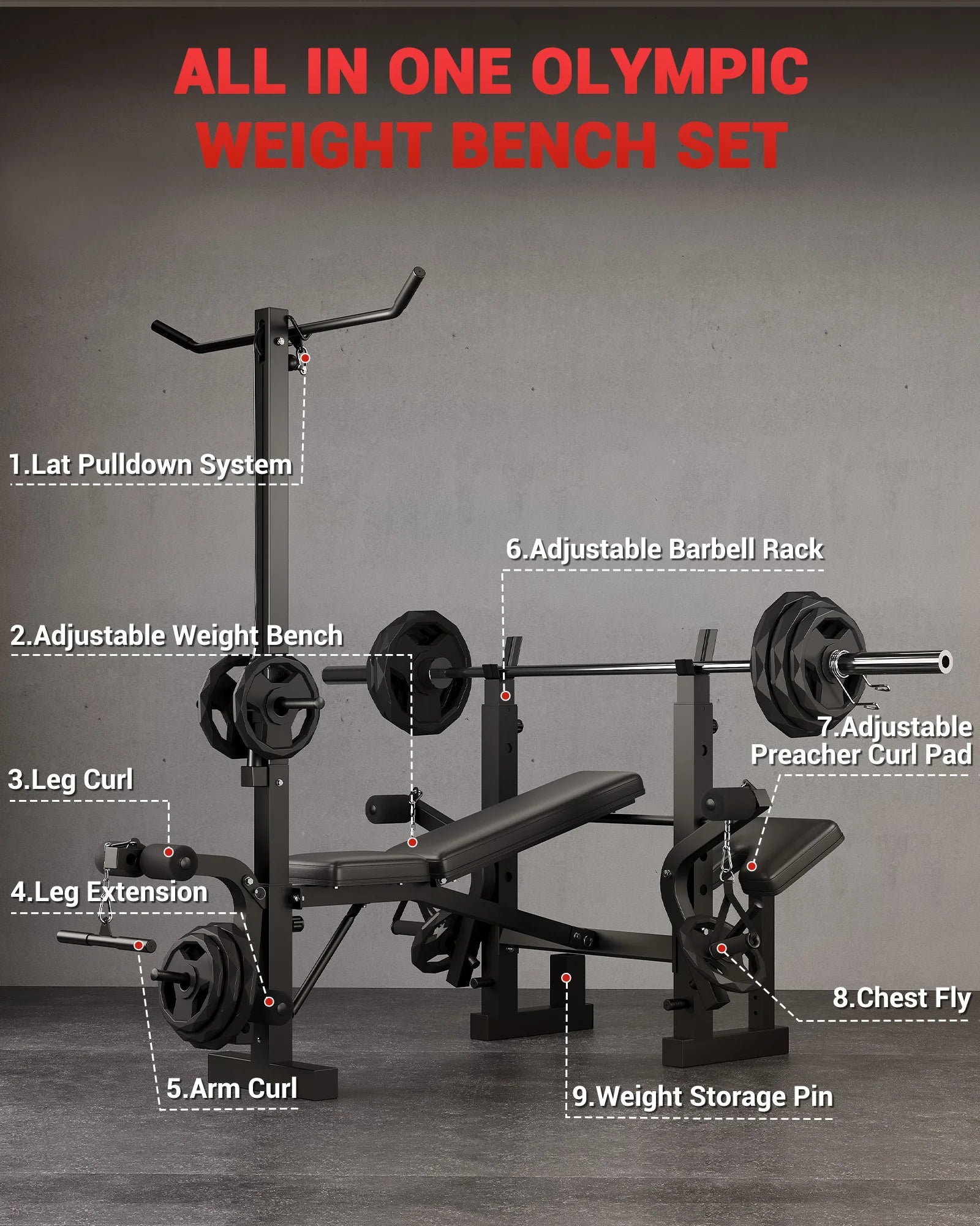 Adjustable 4 in 1 Weight Bench Set with Leg Developer Barbell Rack Butterfly Arm Preacher Foldable Workout Bench for Home Gym