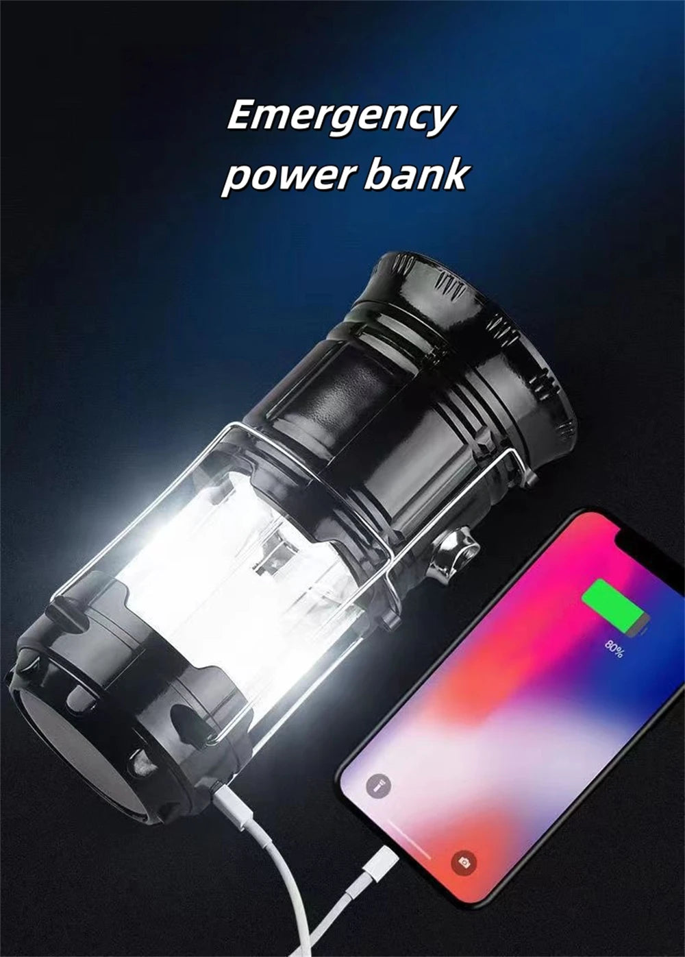 Solar Camping Lamp Portable Telescopic USB Rechargeable Lantern Flashlight Emergency Hanging Lamp Waterproof Outdoor Light