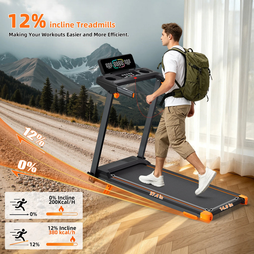 Quiet 3 in 1 Foldable Walking Pad Treadmill with 12 Percent Incline for Home 12 Preprogrammed HIIT Modes Supports up to 300 LBS Smart Treadmill with LED Display Heart Rate Sensor Bluetooth Speaker and App Connection