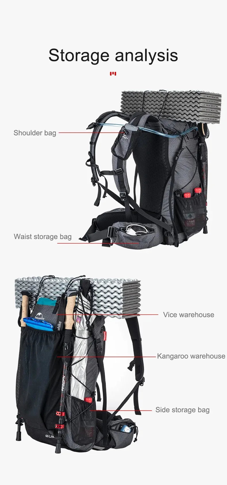 Naturehike Rock Outdoor Bags 40L/60L/60+5L Travel Backpacks Large Capacity Camping Hiking Pack with Rain Cover
