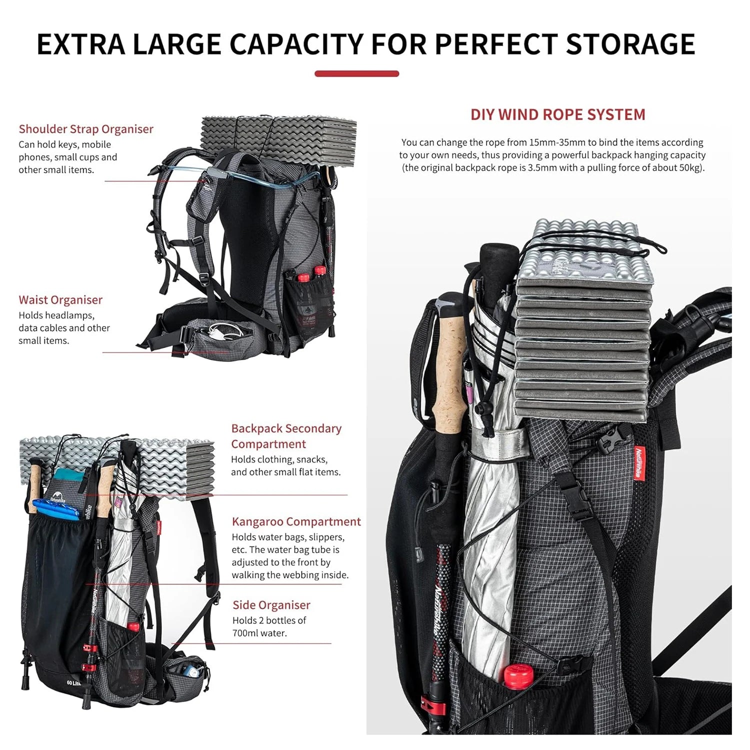 Outdoor Mountain Backpack 60+5L Waterproof High Capacity Sports Climbing Hiking Travel Bag with Rain Cover