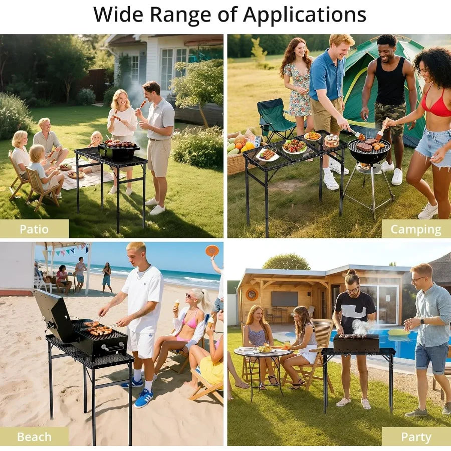3ft Trifold Grill Table with 2 Adjustable Heights up to 29.5 Sturdy Metal Heat Resistant Tabletop and Portable Carry Handle
