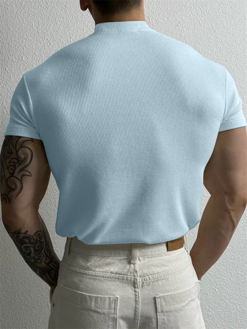 Mens Small High Collar Stripe T Shirt Short Sleeve Fitness Top Casual Sport T Shirt