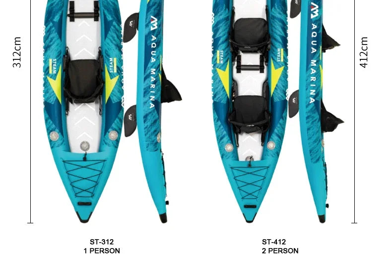 STEAM Aqua Marina Kayak 2025 Upgraded Printing Pattern Reinforced PVC Drop‑Stitch Floor V‑Shape Keel High‑Back Seat Fins and Footrest, Single or Tandem