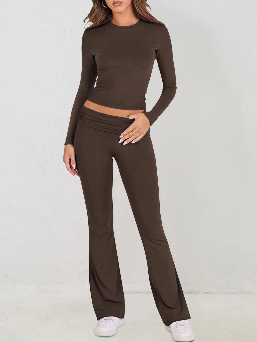 Women’s Casual Long Sleeve Knitted Pants Set Pure Color Slim Fit Spring Summer Fashionable Commute Style Ladies Suit