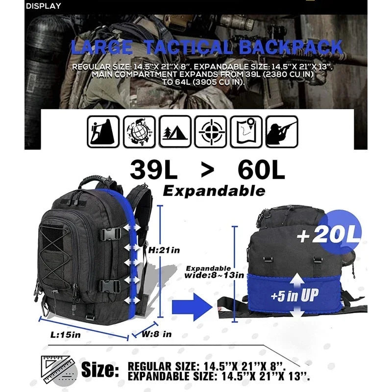 Extra Large 60L Tactical Backpack for Men Women Outdoor Water Resistant Hiking Travel Laptop Backpack