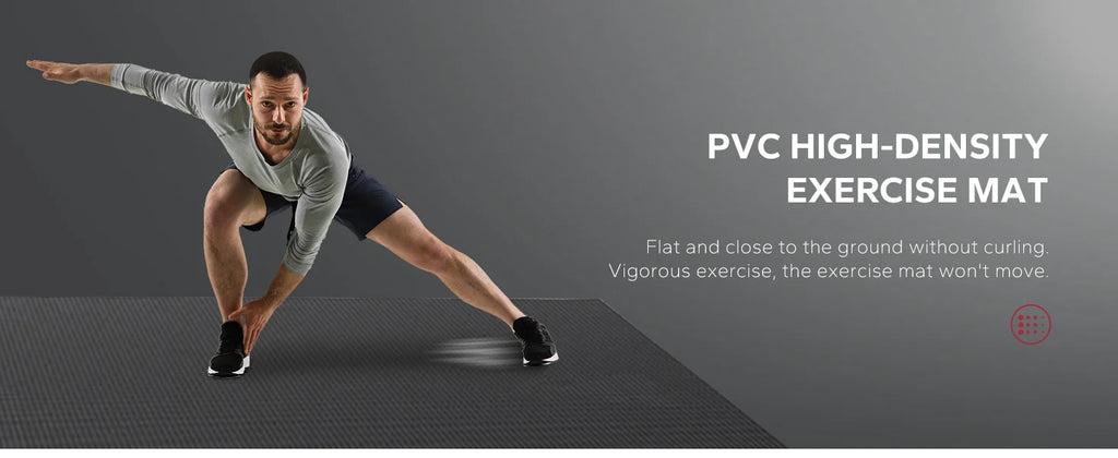 Large Home Gym Mat, 8mm Thick High Density PVC Non Slip, Shock Absorbing Fitness Flooring with Bands and Bag