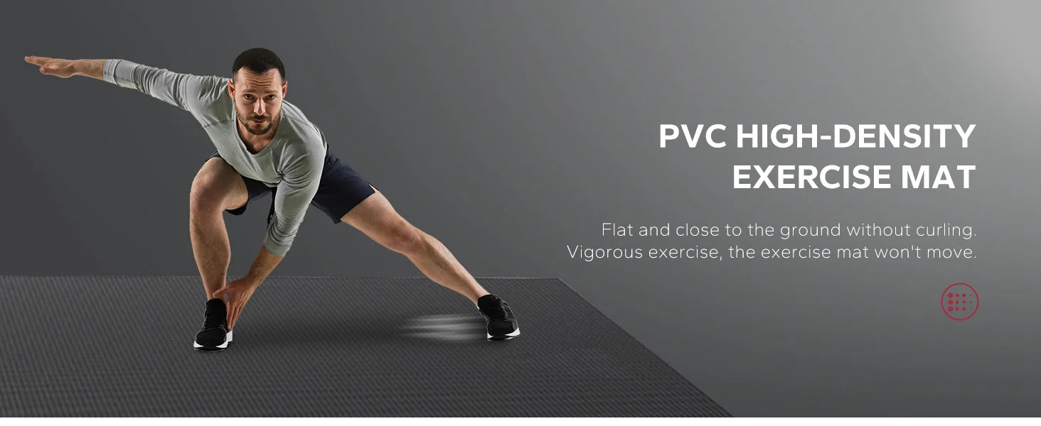 Large Home Gym Mat, 8mm Thick High Density PVC Non Slip, Shock Absorbing Fitness Flooring with Bands and Bag