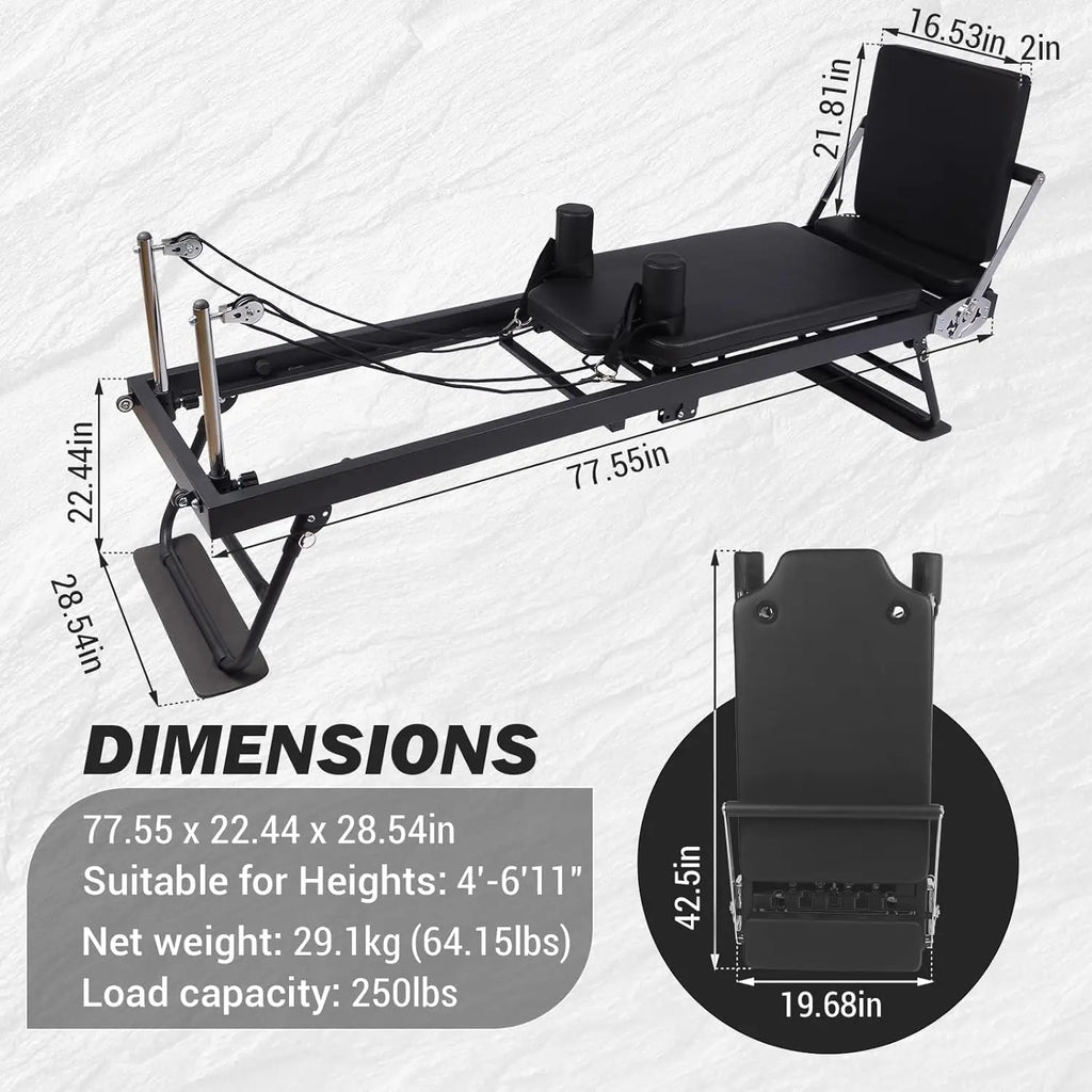 Foldable Reformer Pilates Machine – Adjustable Reformer Heights, Piano‑Wire Spring System & Jump Board for Home Pilates Training