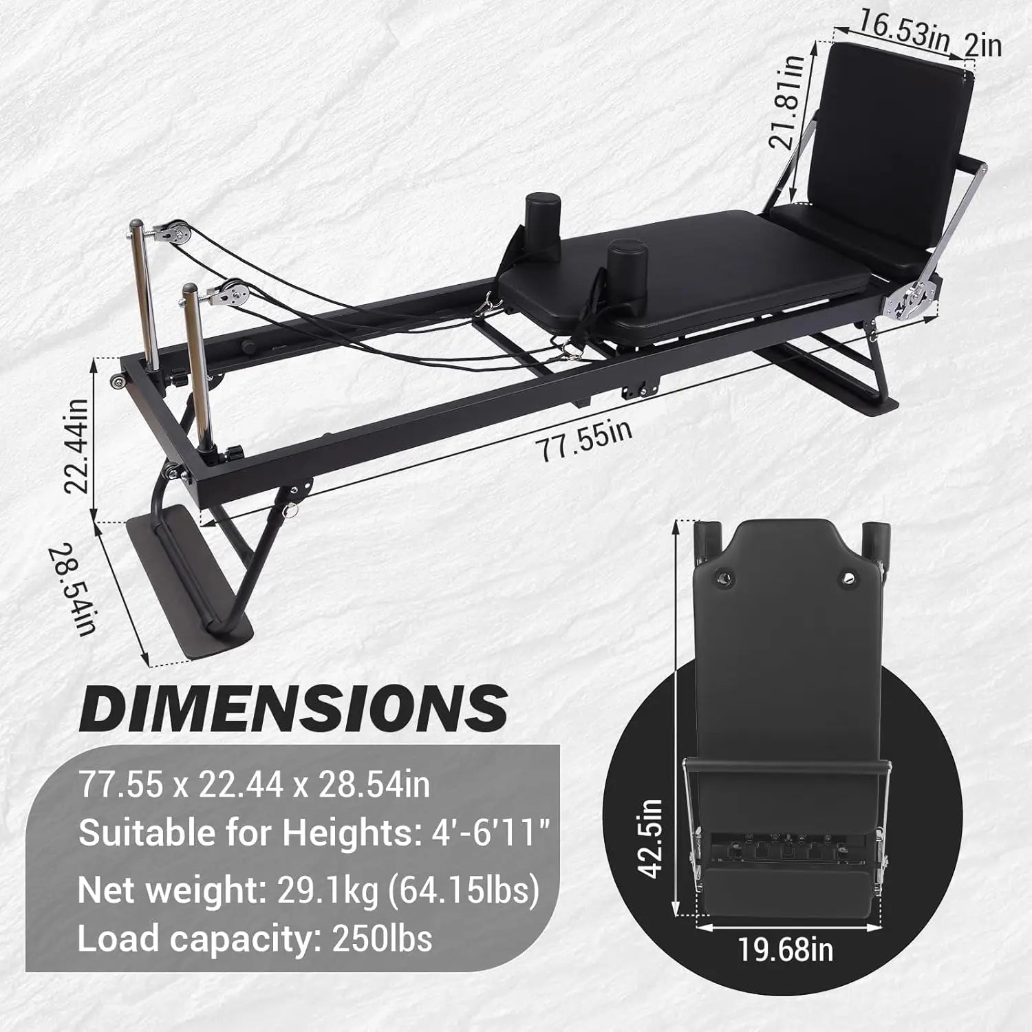 Foldable Reformer Pilates Machine – Adjustable Reformer Heights, Piano‑Wire Spring System & Jump Board for Home Pilates Training