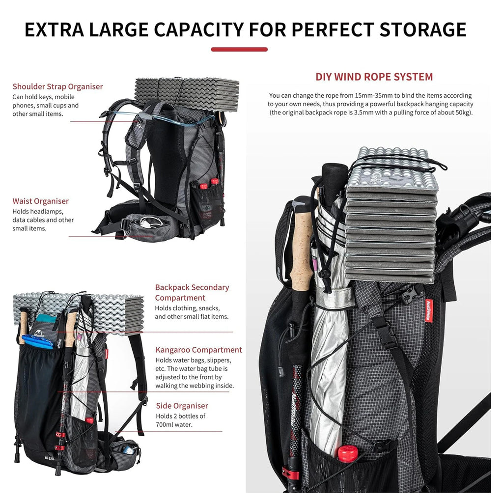 Naturehike Rock Outdoor Bags 40L/60L/60+5L Travel Backpacks Large Capacity Camping Hiking Pack with Rain Cover