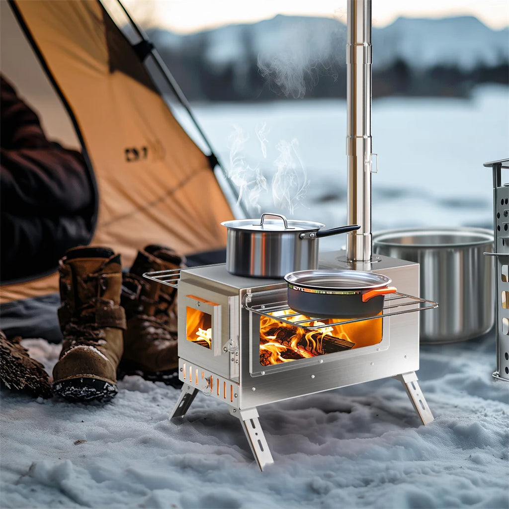 Hot Tent Stove, Wood Burning Stove, Portable Wood Stove with 6 Stainless Steel Chimney Pipes for Outdoor Heating and Cooking