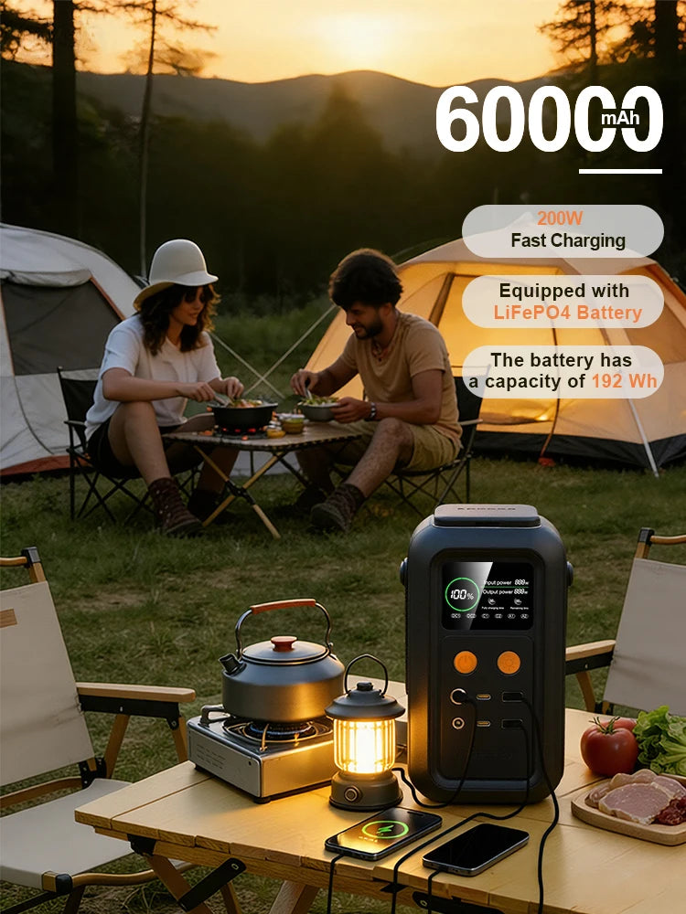 200W Power Station Camping 192Wh Lifepo4 Power Bank 60000mAh Portable Charger Battery Emergency Power USB Type C Port