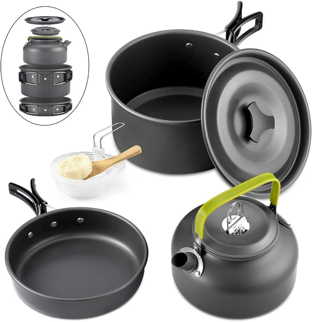 Outdoor Camping Cookware Set Aluminum Non Stick Pot Portable Tableware Cookware Cooking Pot Bowl for Hiking BBQ Picnic