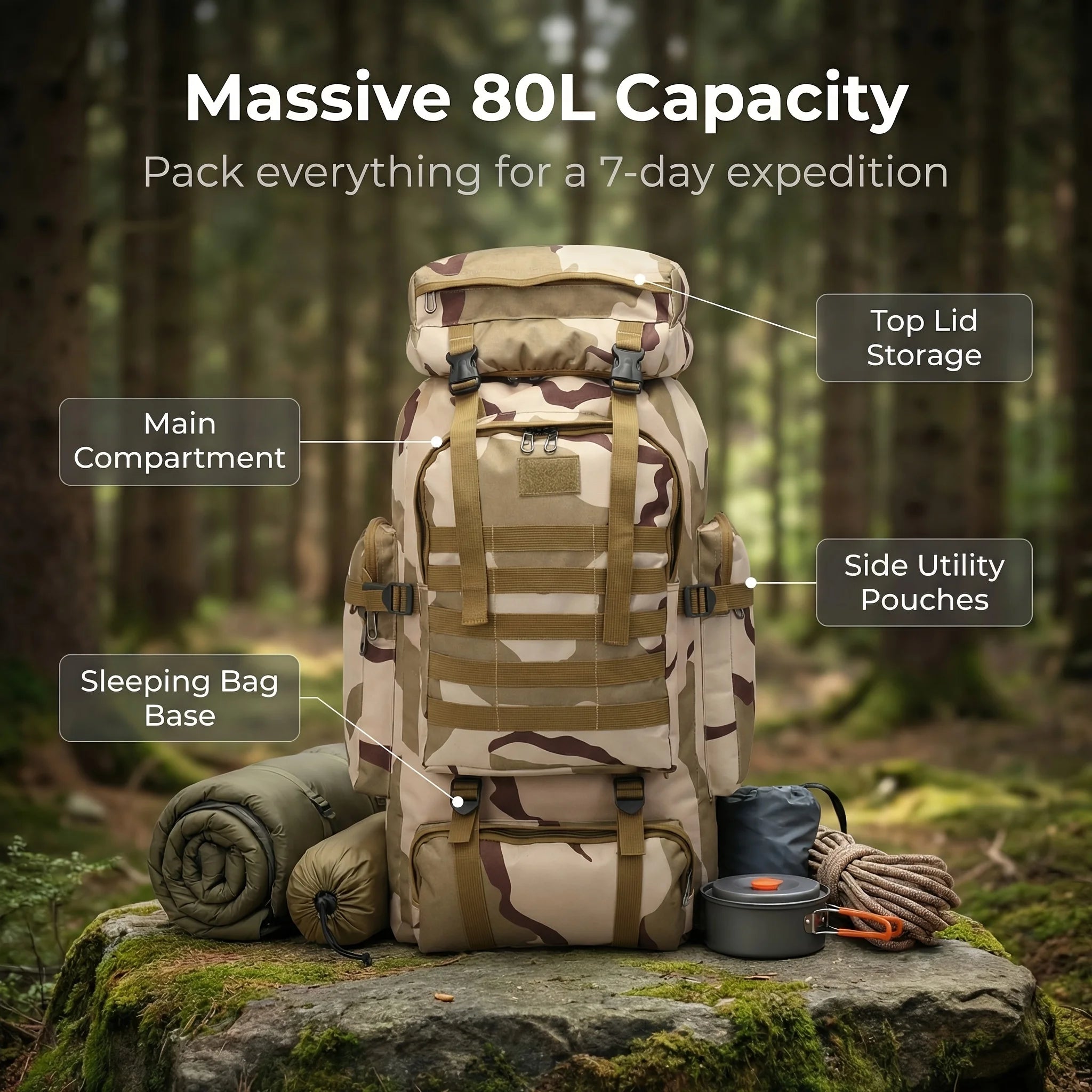 Men’s Backpack for Mountain Climbing Heavy Duty Double‑Shoulder Travel Bag with Removable National Flag Patch Accessory