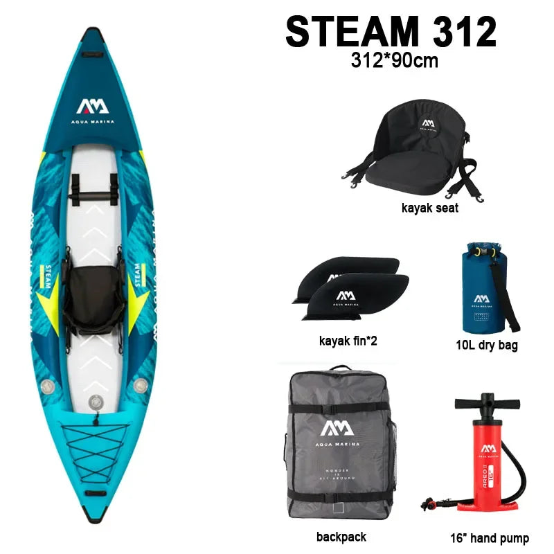 STEAM Aqua Marina Kayak 2025 Upgraded Printing Pattern Reinforced PVC Drop‑Stitch Floor V‑Shape Keel High‑Back Seat Fins and Footrest, Single or Tandem