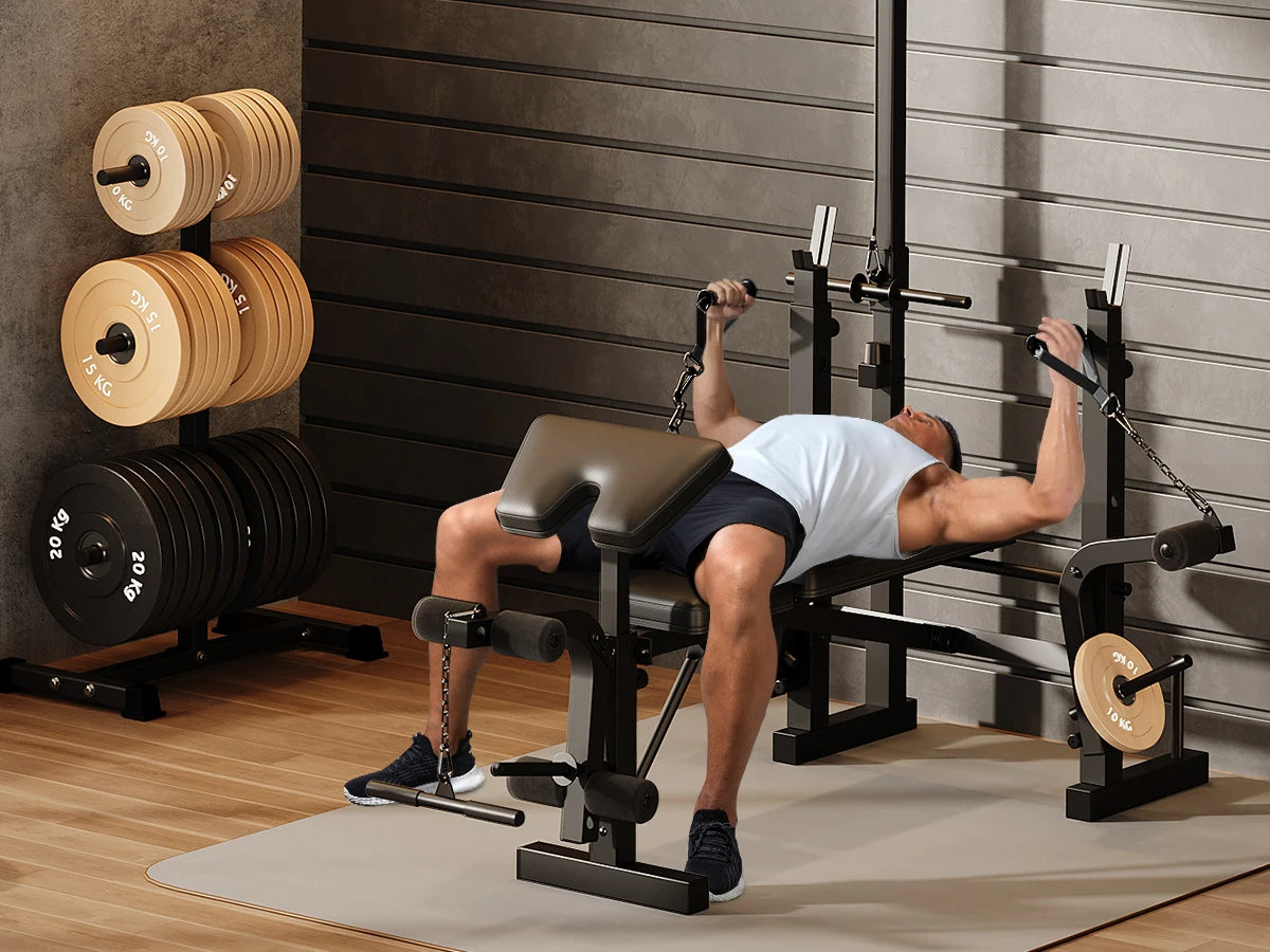Adjustable 4 in 1 Weight Bench Set with Leg Developer Barbell Rack Butterfly Arm Preacher Foldable Workout Bench for Home Gym