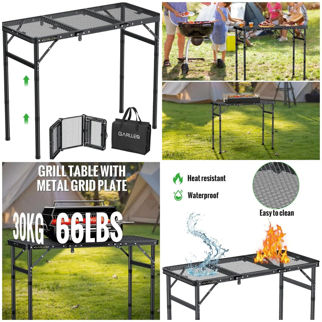 Folding Grill Table Max Capacity 66lbs 3 Adjustable Height Portable Folding Camping Table with Heat