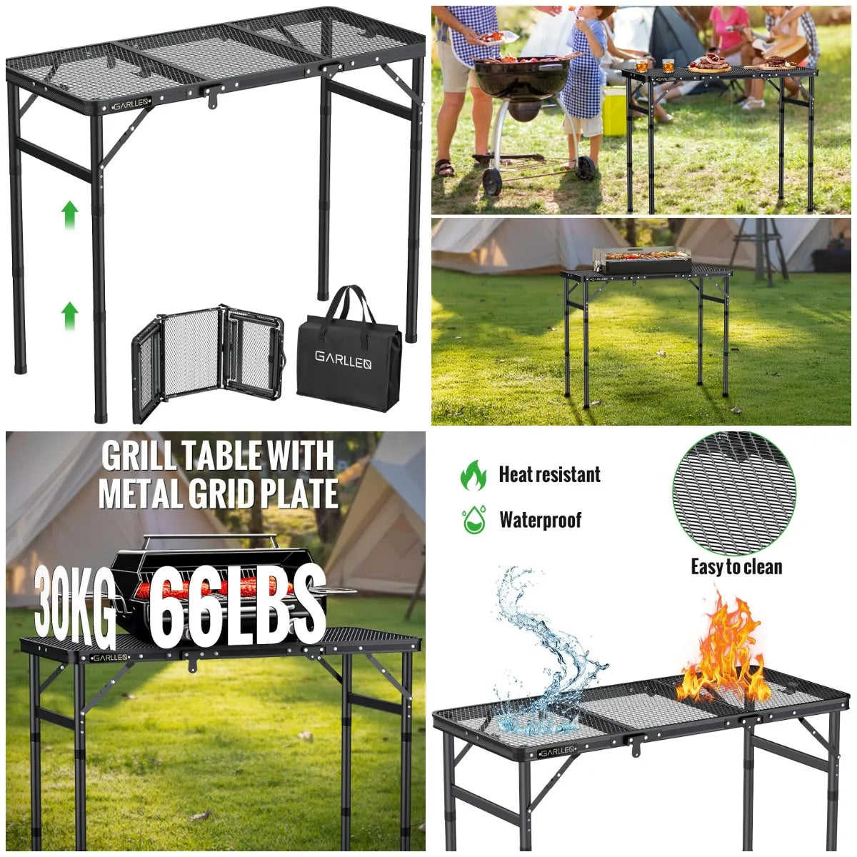 Folding Grill Table Max Capacity 66lbs 3 Adjustable Height Portable Folding Camping Table with Heat