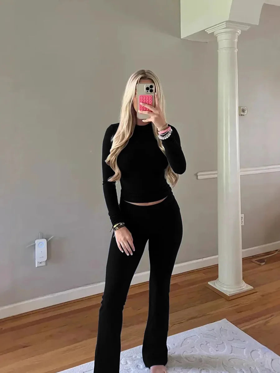 New Women’s Fashion Two‑Piece Set Top and Pants High Waist Long Pants Short or Long Sleeve Round Neck T‑Shirt Spring Autumn Summer