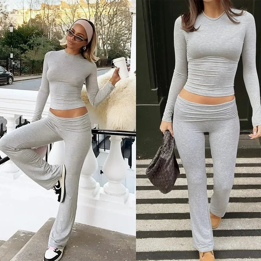 Autumn New Round Neck Short Fit Long Sleeve T Shirt Mildly Spicy Pants Casual Sports Yoga Two Piece Set Women’s Fashion