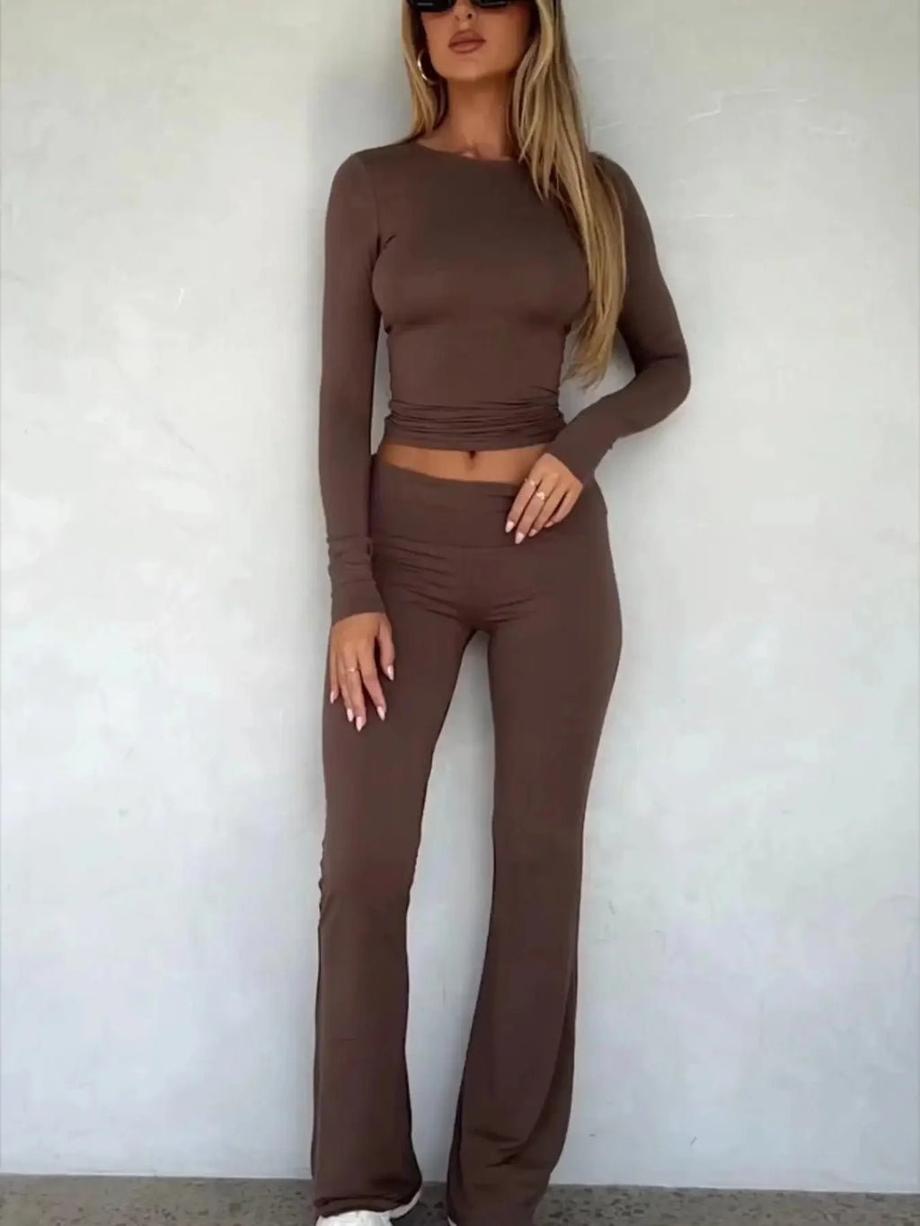 Women’s Long Sleeve Top and Flared Pants Set Fashionable Stylish Polyester Fiber