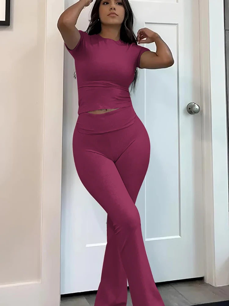Womens Two-Piece Yoga Set, Short-Sleeved Top, Flared Pants