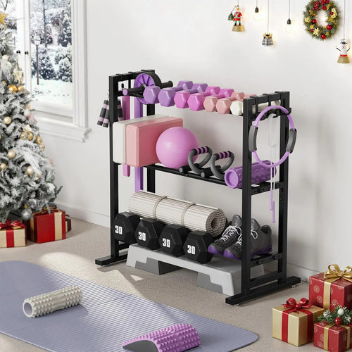 3 Tier Adjustable Dumbbell Rack with Hooks, Extended Base Home Gym Storage, Holds 450lb, Space Saving Organizer