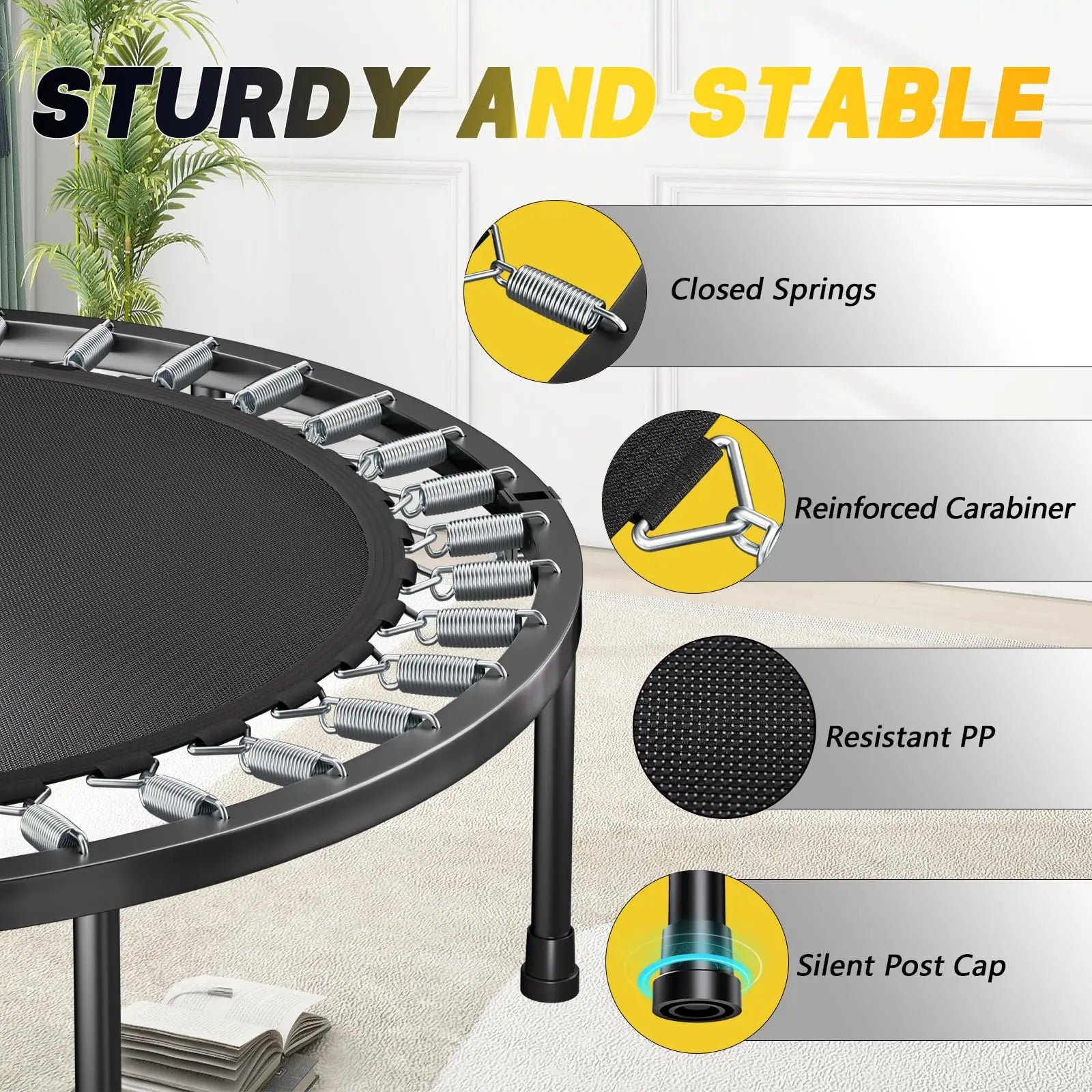 Rebounder Trampoline for Adults 40in Foldable Mini Fitness Trampoline with Adjustable U Bar Handle and 350lb Capacity