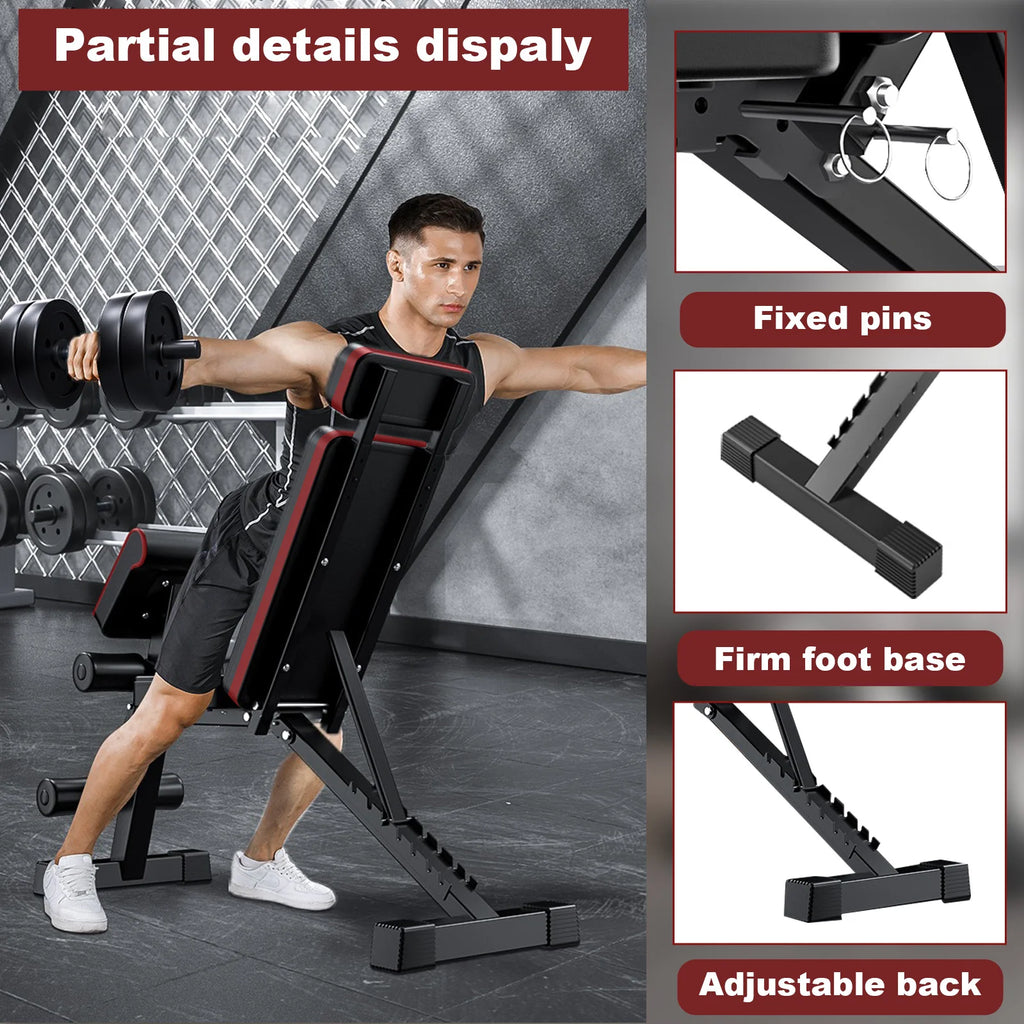 7 Level Foldable Weight Bench with Adjustable Leg Extension and Extended Headrest designed for Dumbbell Training and Full Body Strength Work