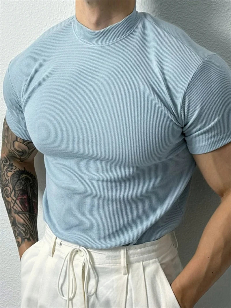 Mens Small High Collar Stripe T Shirt Short Sleeve Fitness Top Casual Sport T Shirt