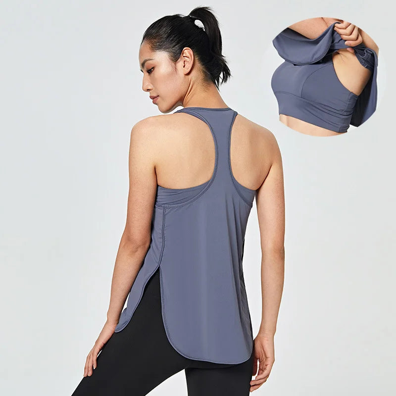 Fitness Yoga Gym Women Tank Crop Top with Bra Sleeveless Shirt Vest Running Quick Dry Sportswear One Piece Workout Clothing