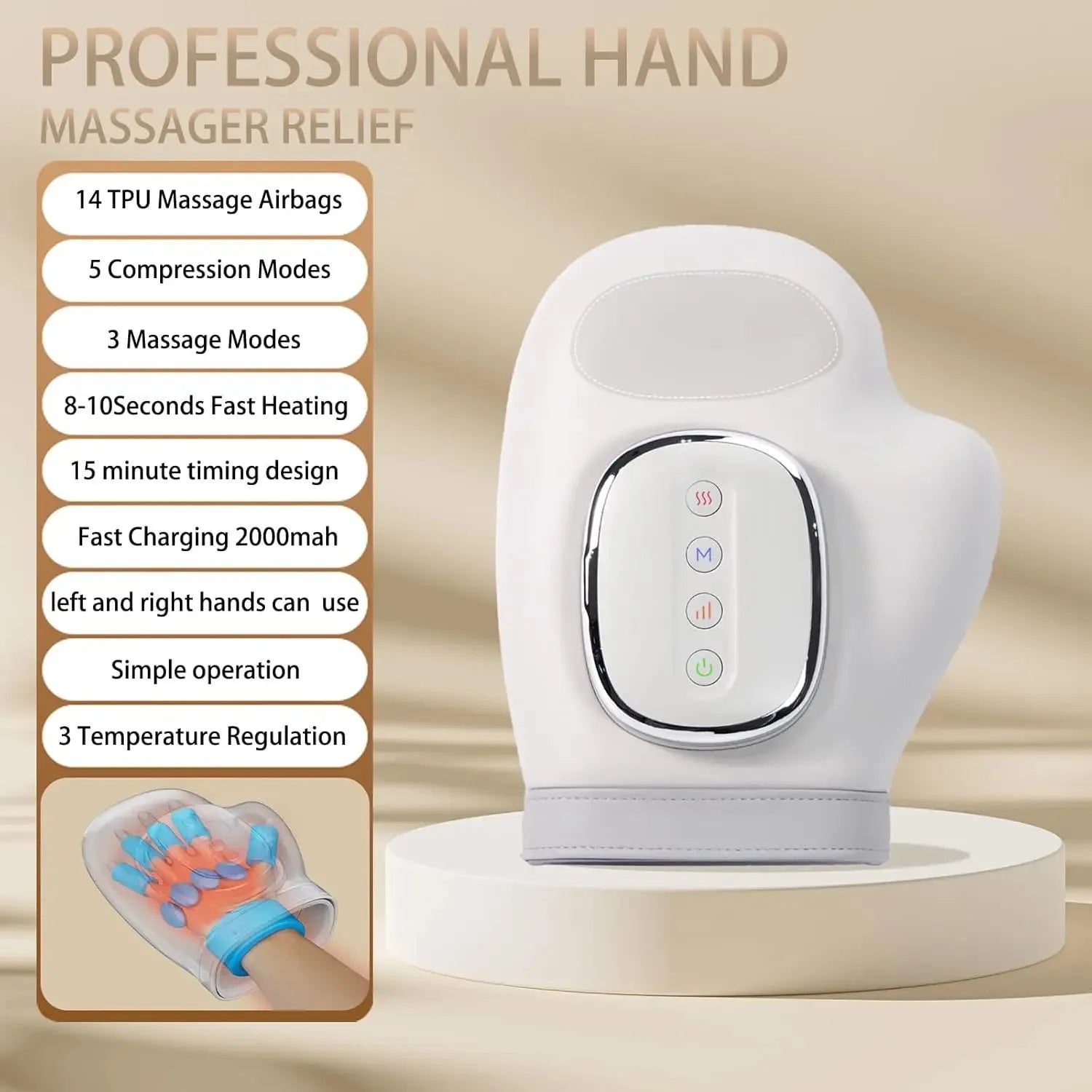 Hand Massager with Heat and Air Compression for Wrist Finger and Palm Relief Electric Kneading Massage Device