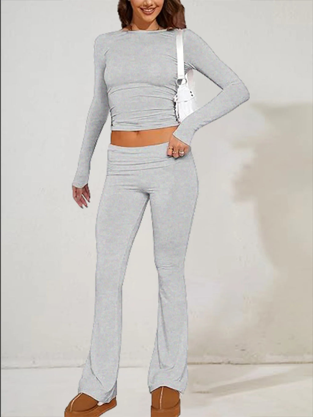 Women’s Casual Long Sleeve Knitted Pants Set Pure Color Slim Fit Spring Summer Fashionable Commute Style Ladies Suit