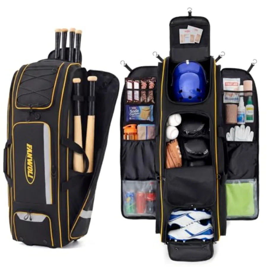 100L Rolling Baseball Catchers Gear Bag Large Softball Equipment Duffle with Wheels Locker Style Organizer with 5 Fence Hooks