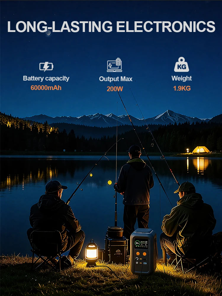 200W Power Station Camping 192Wh Lifepo4 Power Bank 60000mAh Portable Charger Battery Emergency Power USB Type C Port